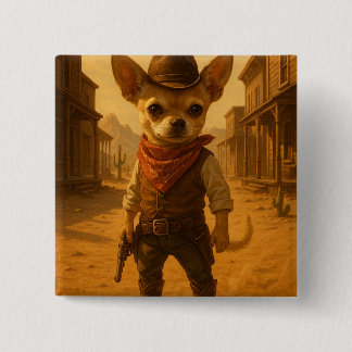 Gizmo the Cowboy – Chihuahua Western Duel 2 Inch Square Button