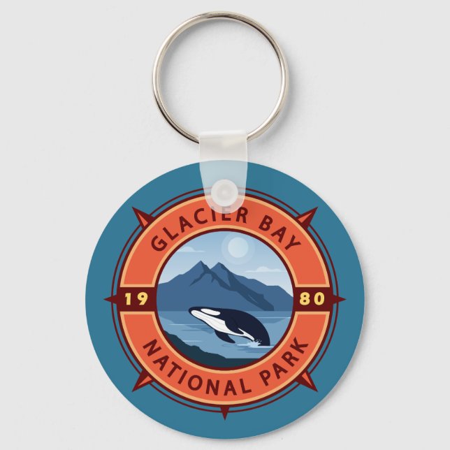 Glacier Bay National Park Orca Retro Compass Keychain (Front)