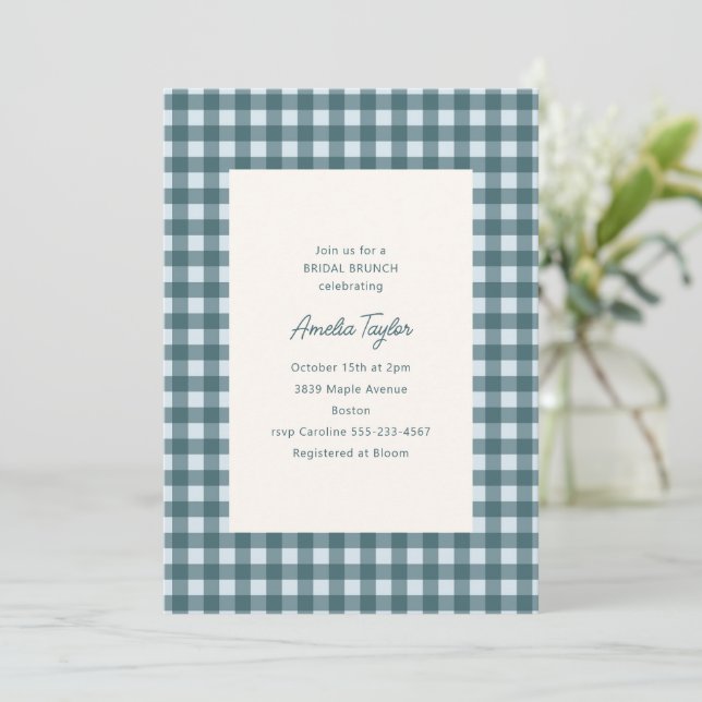 Glacier Blue Gingham Preppy Bridal Shower Brunch Invitation (Standing Front)