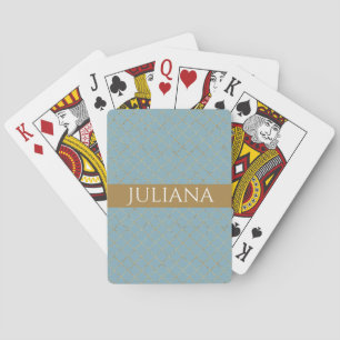 Glacier Blue Gold Quatrefoil Personalized  Playing Cards