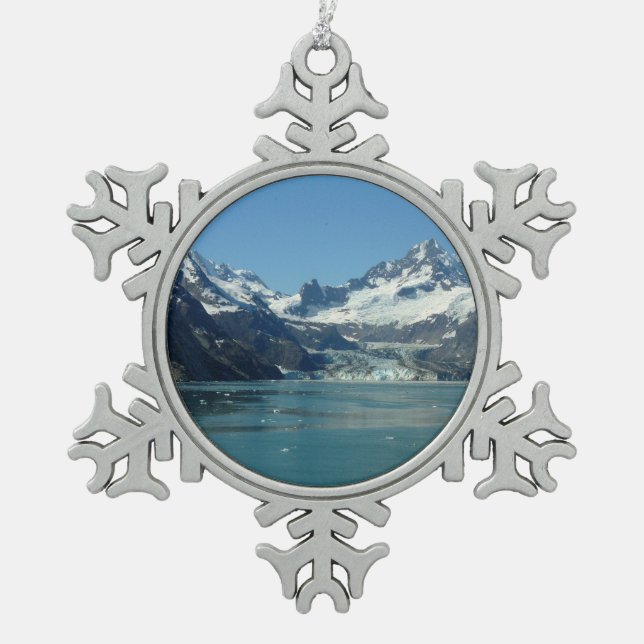 Glacier-Fed Waters of Alaska Snowflake Pewter Christmas Ornament (Front)