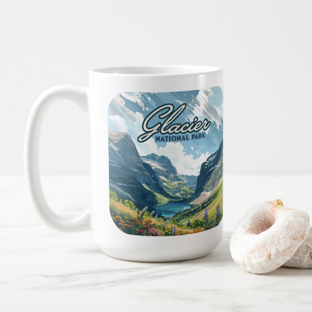 Glacier National Park Montana Lake Retro Coffee Mug (With Donut)
