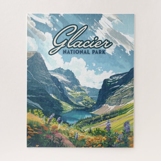 Glacier National Park Montana Lake Retro Jigsaw Puzzle (Vertical)