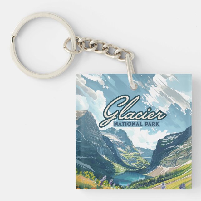 Glacier National Park Montana Lake Retro Keychain (Front)