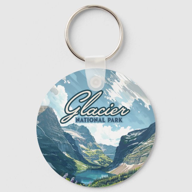 Glacier National Park Montana Lake Retro Keychain (Front)