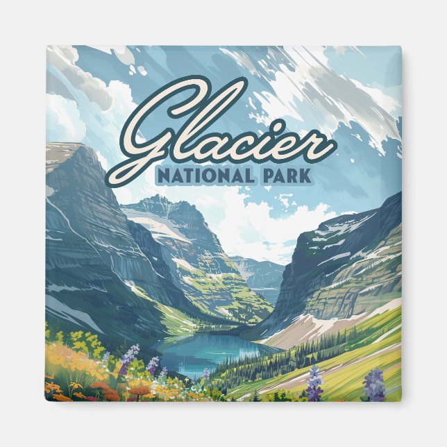 Glacier National Park Montana Lake Retro Magnet (Front)