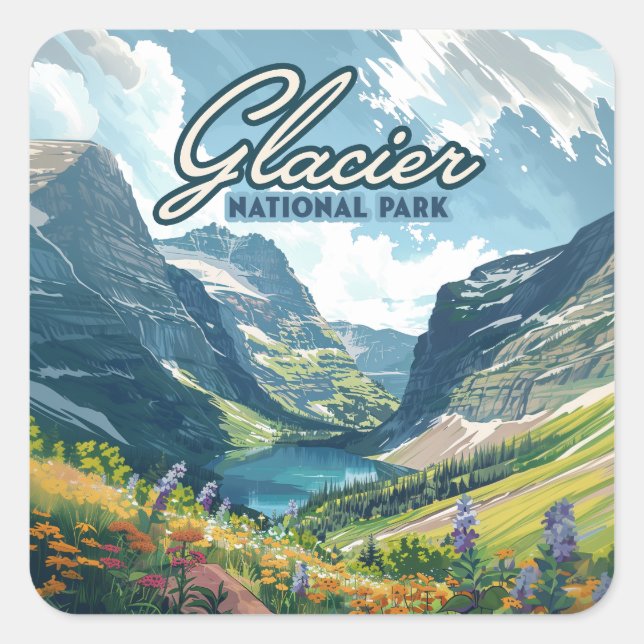 Glacier National Park Montana Lake Retro Square Sticker (Front)