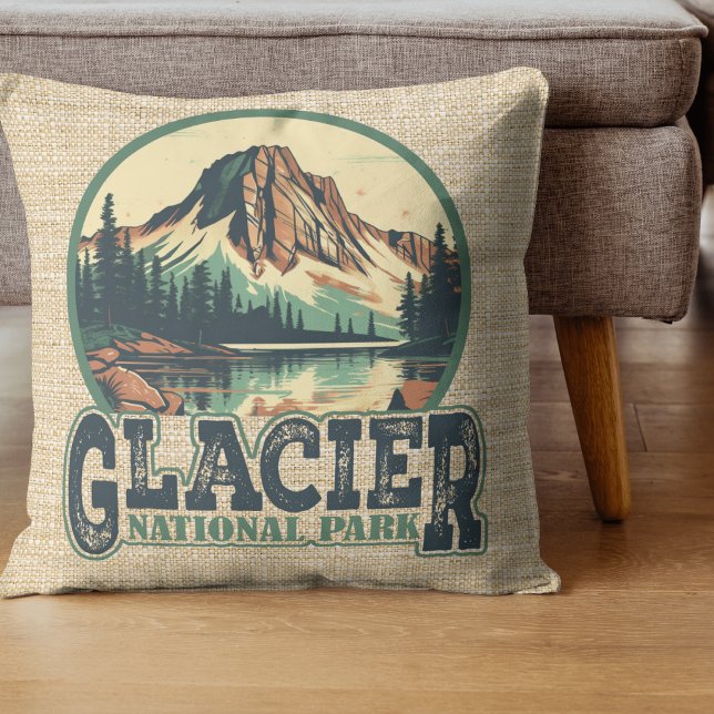 Glacier National Park Retro Vignette Throw Pillow (Creator Uploaded)