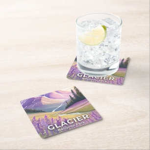 Glacier National Park   Spring Lavender Watercolor Square Paper Coaster
