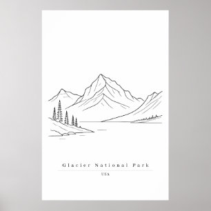 Glacier National Park USA Minimalist Line Art  Poster