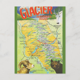 Glacier National Park Vintage Map Postcard