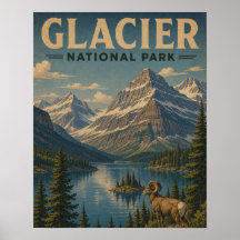 Glacier National Park Vintage WPA Style Mountain L