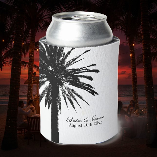Glacière de mariage de plage au palmier noir et bl (Elegant beach wedding can cooler with palm trees)