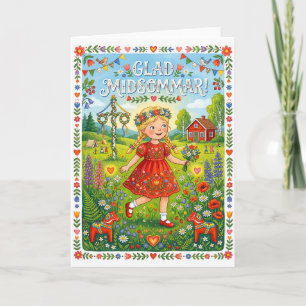 Glad Midsommar: Swedish Girl in Floral Dress Holiday Card