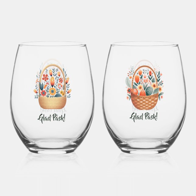 Glad Påsk! Scandinavian Flower Baskets Stemless Wine Glass (Back)