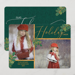 Glad Tidings Green and Gold Holly 2 Photo Holiday Card