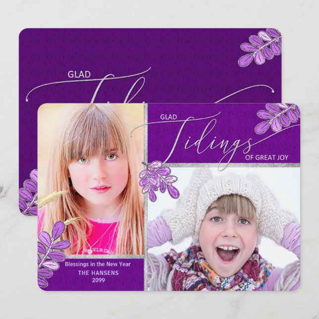 Glad Tidings Ultra Violet Holly Family 2-Photos Ho Holiday Card (Front/Back)