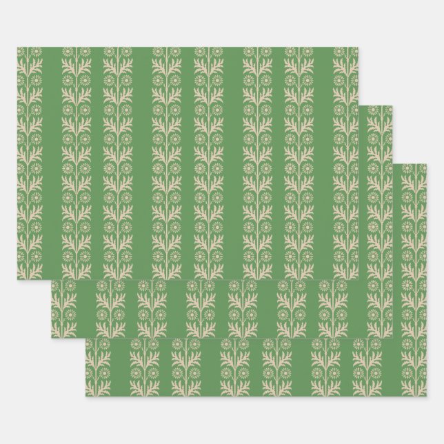 Glade Green Arts and Crafts Floral Stripe Wrapping Paper Sheet (Set)