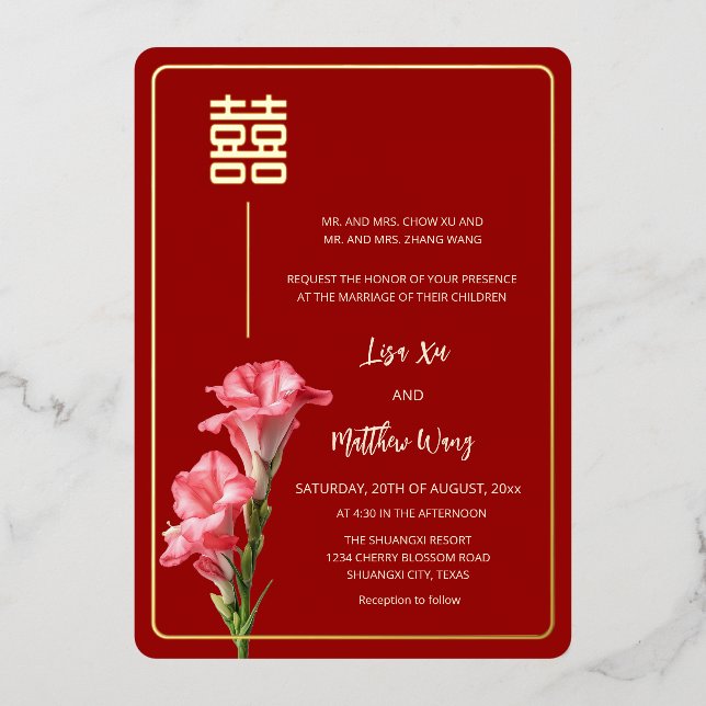 Gladiolus Flower Red Gold Chinese Wedding (Front)