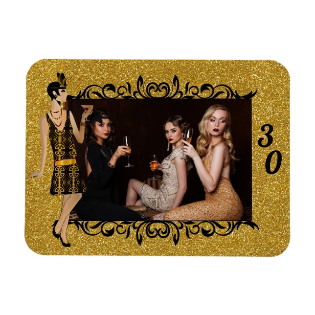 Glam 1920s Flapper Girl Gold 30th Custom Photo Magnet (Horizontal)