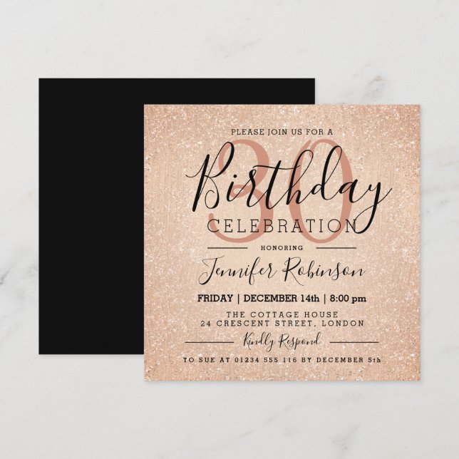 Glam 30th Birthday Rose Gold Glitter Paint Invitation (Front/Back)