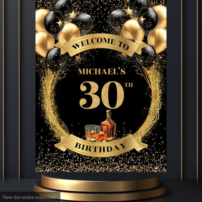 Glam 30th Man Birthday Whiskey Party Backdrop  Tapestry (Glam 30th Man Birthday Whiskey Party Backdrop Design)