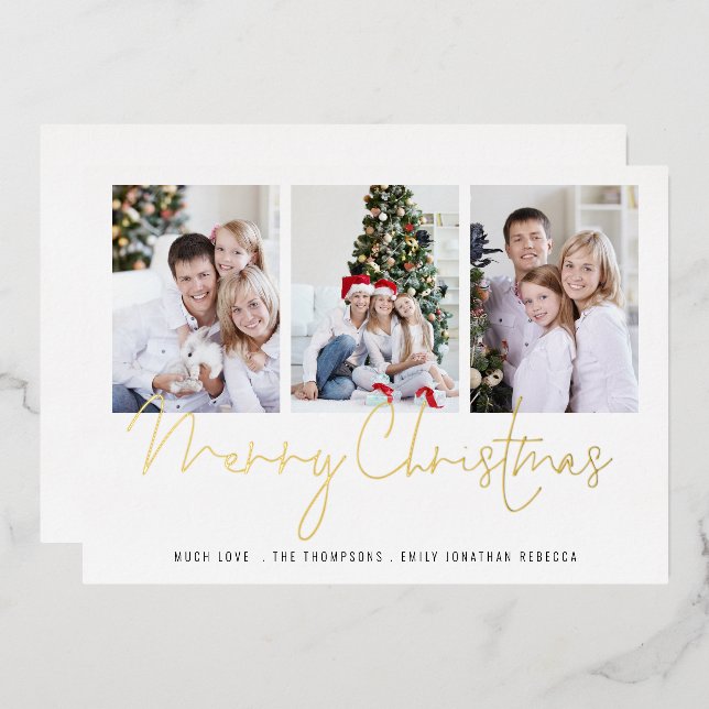 Glam 3 Photos Merry Christmas Real  Foil Holiday Card (Front/Back)