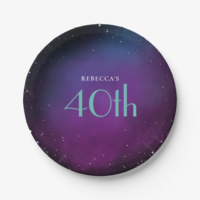 Glam 40th Birthday Party Purple Name Paper Plate (Front)
