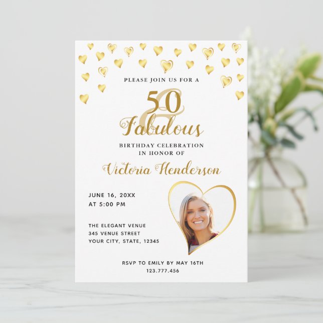 Glam 50 and Fabulous White and Gold Photo Birthday Invitation (Standing Front)