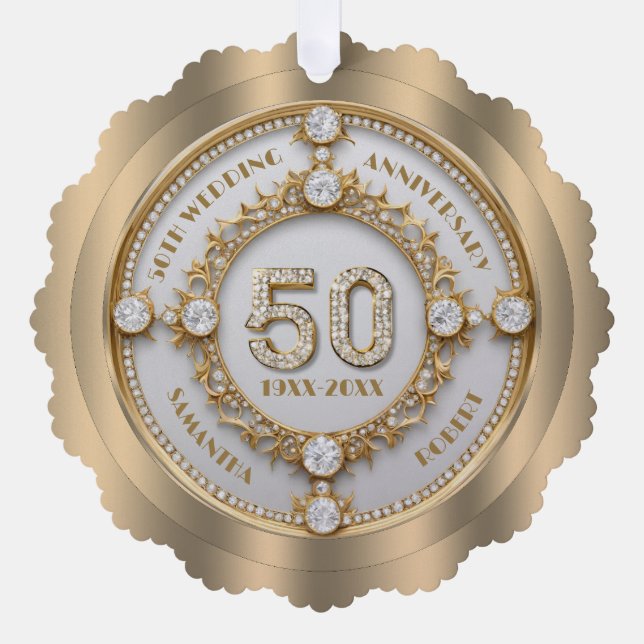 Glam 50 Anniversary white diamond set in gold Ornament Card (Front)