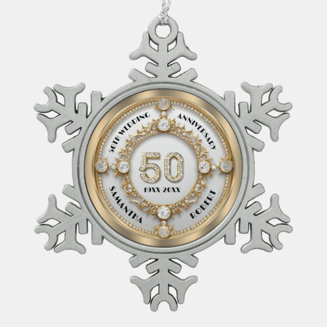 Glam 50 Anniversary white diamond set in gold Snowflake Pewter Christmas Ornament (Front)