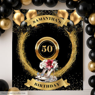 Glam 50th Birthday Backdrop Black Gold Pink Heels Tapestry