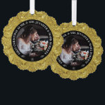 Glam 50th Wedding Anniversary-Custom Photo Ornament Card<br><div class="desc">Glamourous,  elegant 50th wedding anniversary commemorative design. Gold on gold swirls frame with a custom photo and customizable text.</div>