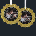 Glam 50th Wedding Anniversary-Custom Photo Ornament Card<br><div class="desc">Glamourous,  elegant 50th wedding anniversary commemorative design. Gold on gold swirls frame with a custom photo and customizable text.</div>