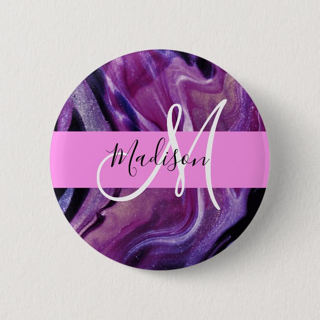 Glam Abstract Purple Shimmer Texture Pink Monogram 2 Inch Round Button (Front)