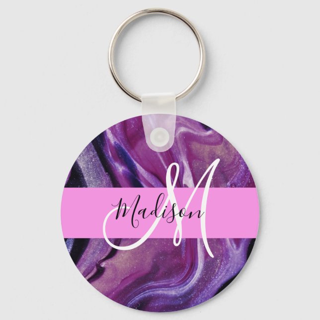 Glam Abstract Purple Shimmer Texture Pink Monogram Keychain (Front)