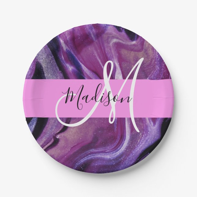 Glam Abstract Purple Shimmer Texture Pink Monogram Paper Plate (Front)
