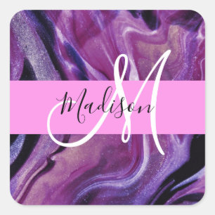 Glam Abstract Purple Shimmer Texture Pink Monogram Square Sticker