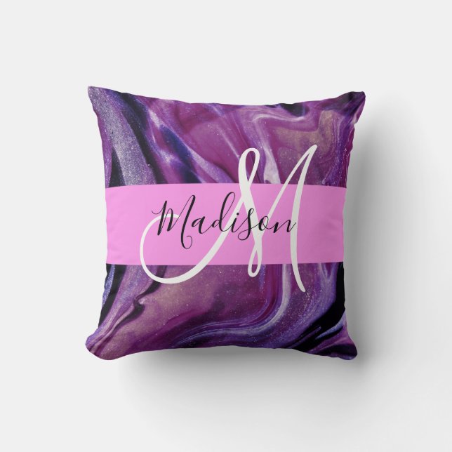 Glam Abstract Purple Shimmer Texture Pink Monogram Throw Pillow (Front)
