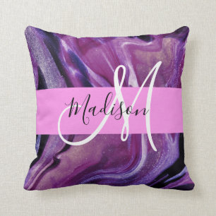 Glam Abstract Purple Shimmer Texture Pink Monogram Throw Pillow