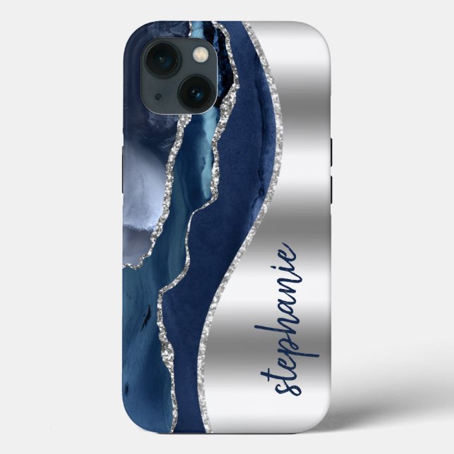 Glam Agate Geode Metallic Silver Blue Name Case-Mate iPhone Case (Back)