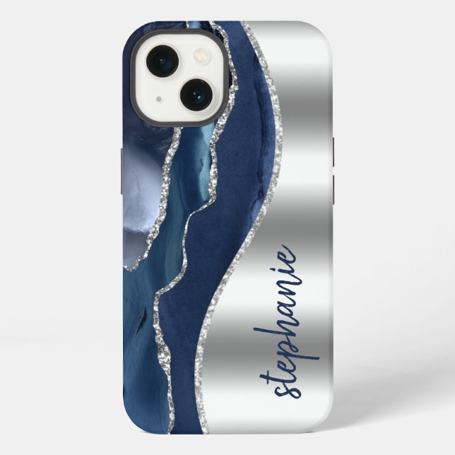 Glam Agate Geode Metallic Silver Blue Name iPhone Case (Back)