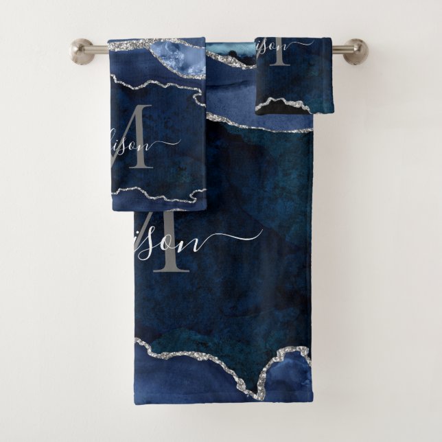 Glam Agate Geode Navy Blue Silver Monogram Script Bath Towel Set (Insitu)