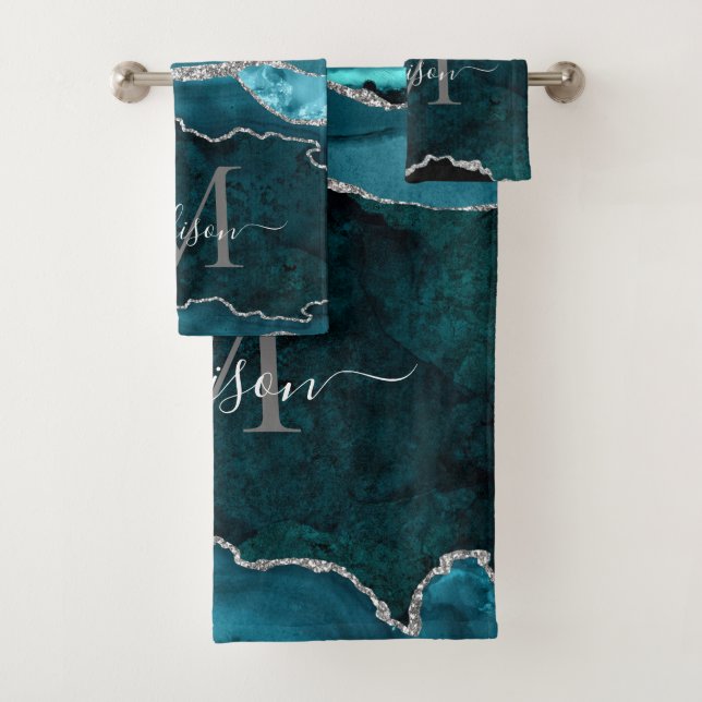 Glam Agate Geode Teal Green Silver Monogram Script Bath Towel Set (Insitu)