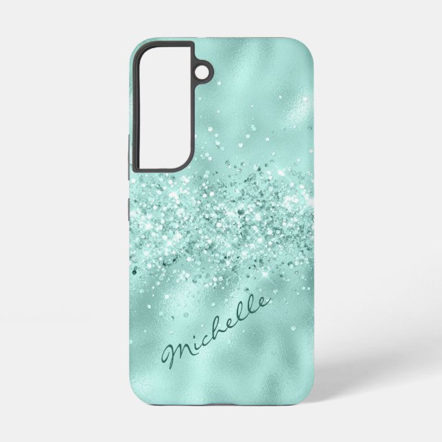 Glam Aqua Blue Foil Confetti Samsung Galaxy S22 Case (Back)
