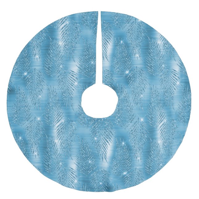 Glam Aqua Blue Tropical Glitter Leaves  Brushed Polyester Tree Skirt (Front)