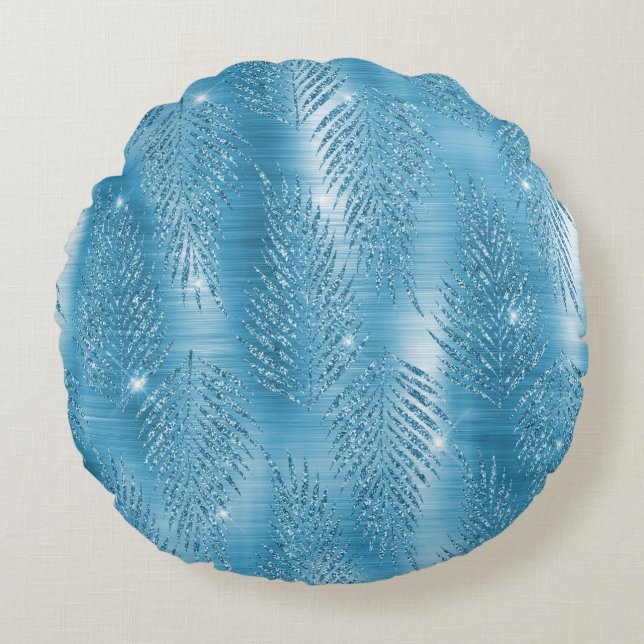 Glam Aqua Blue Tropical Glitter Leaves Round Pillow (Front)