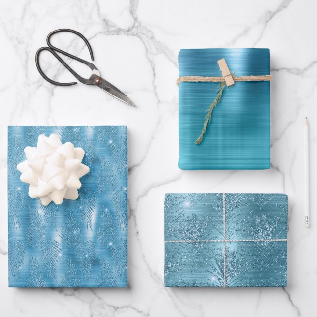 Glam Aqua Blue Tropical Glitter Leaves Wrapping Paper Sheet (Front)