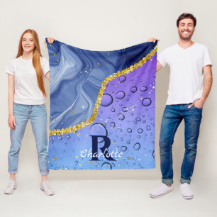 Glam Aqua Blue Water Droplets Ombre Monogram Fleece Blanket