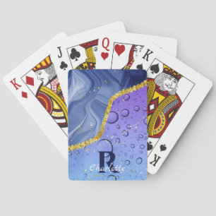 Glam Aqua Blue Water Droplets Ombre   Monogram Playing Cards